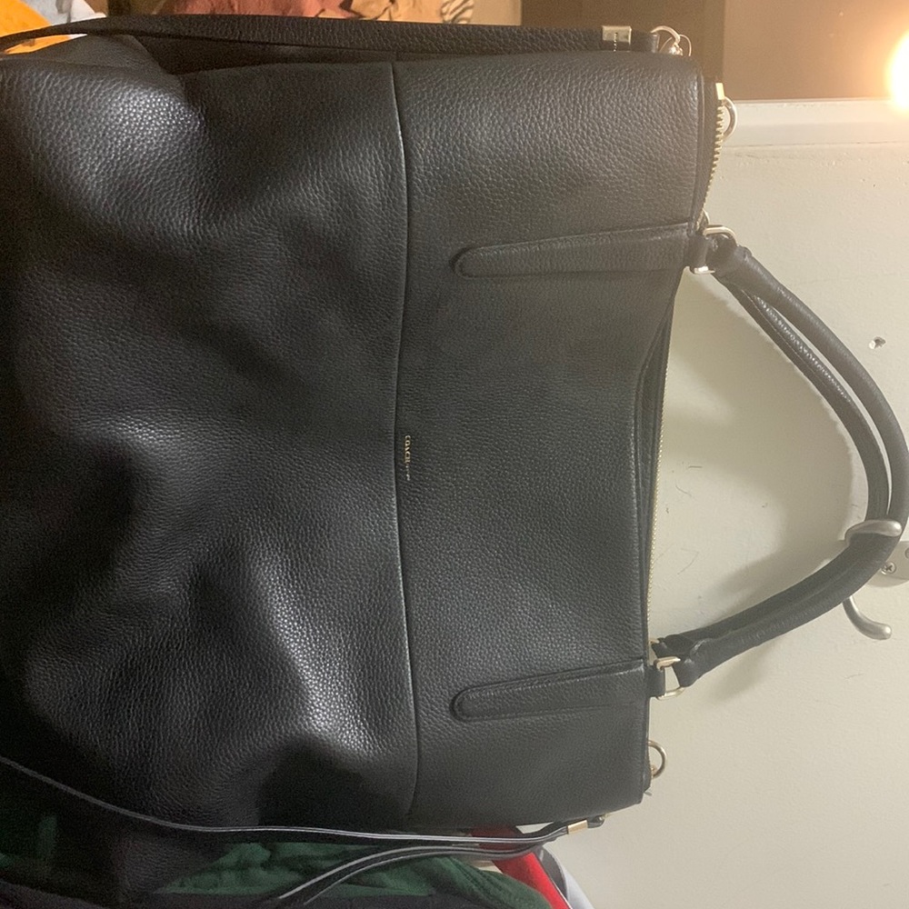 Leather Coach laptop/ briefcase- black w/ gold embellishments & shoulder strap.